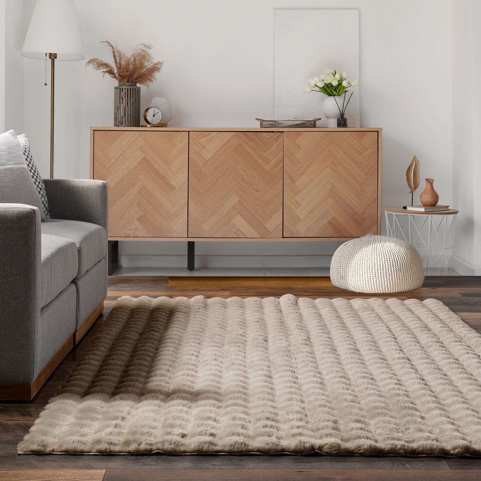 Severa 180x300cm Fluffy Fur Textured Bubble Rug Beige - Lifestyle