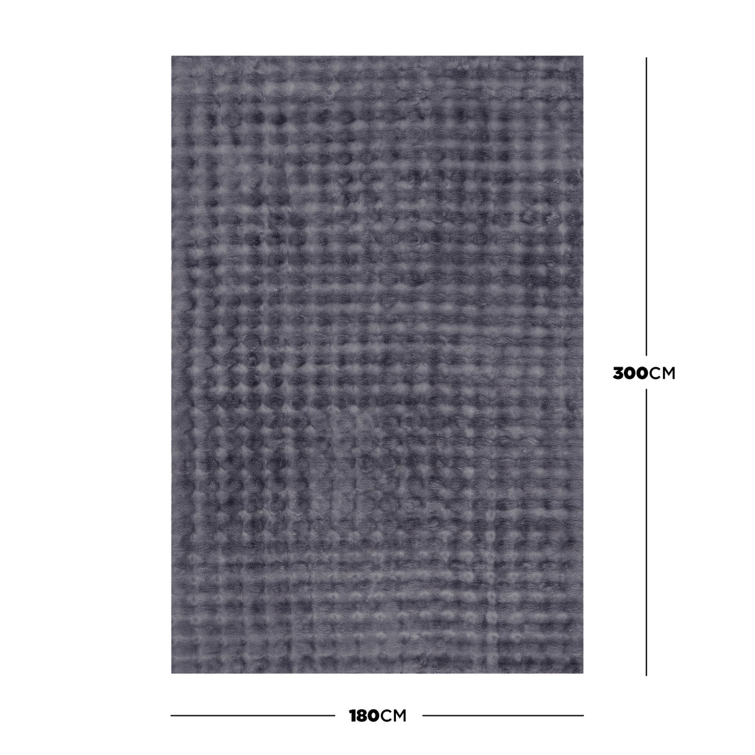 Severa 180x300cm Fluffy Fur Textured Bubble Rug Grey, featuring a rectangular dark-gray waffle-textured design, displayed flat with dimension lines indicating 180 cm width and 300 cm height against a white background.