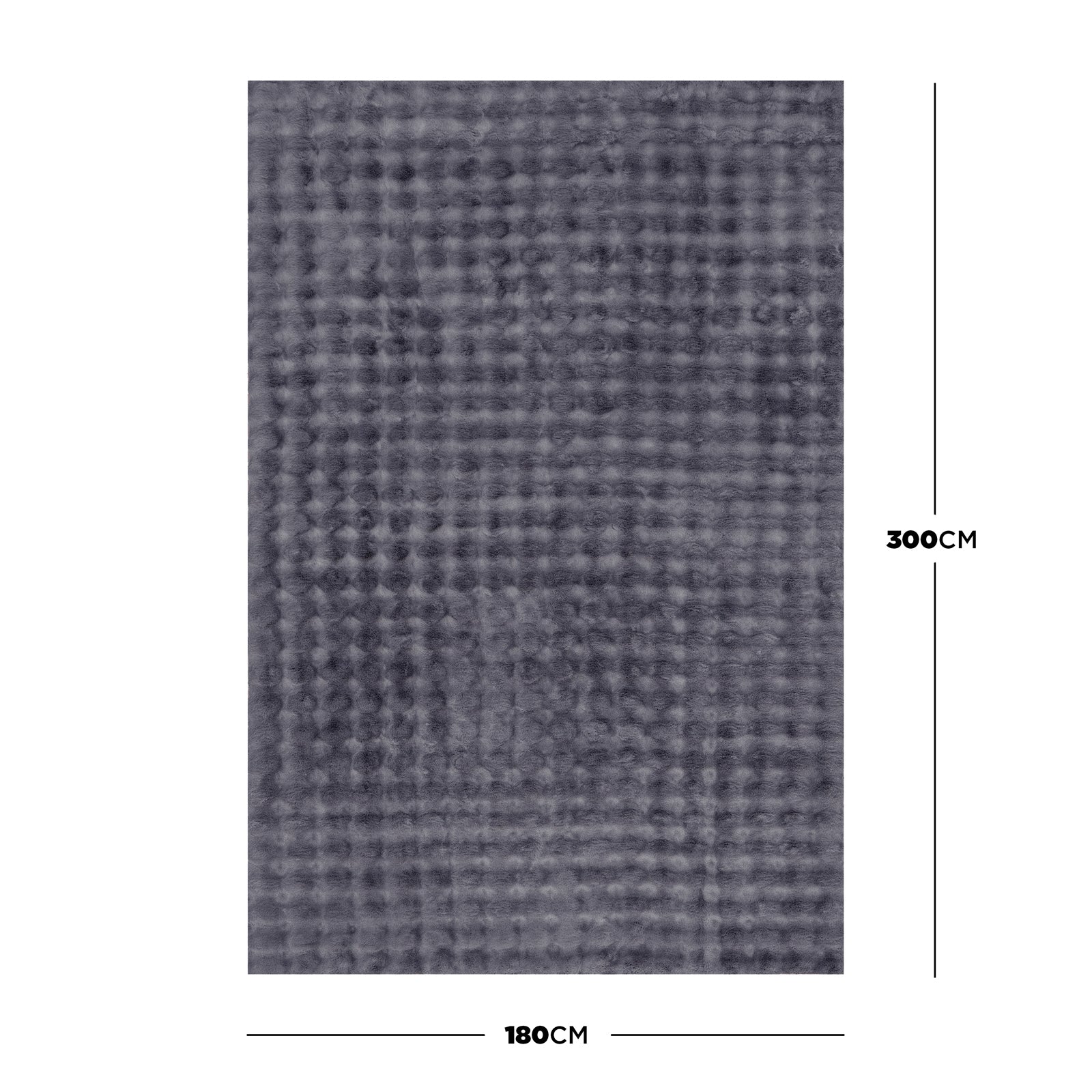 Severa 180x300cm Fluffy Fur Textured Bubble Rug Grey, featuring a rectangular dark-gray waffle-textured design, displayed flat with dimension lines indicating 180 cm width and 300 cm height against a white background.