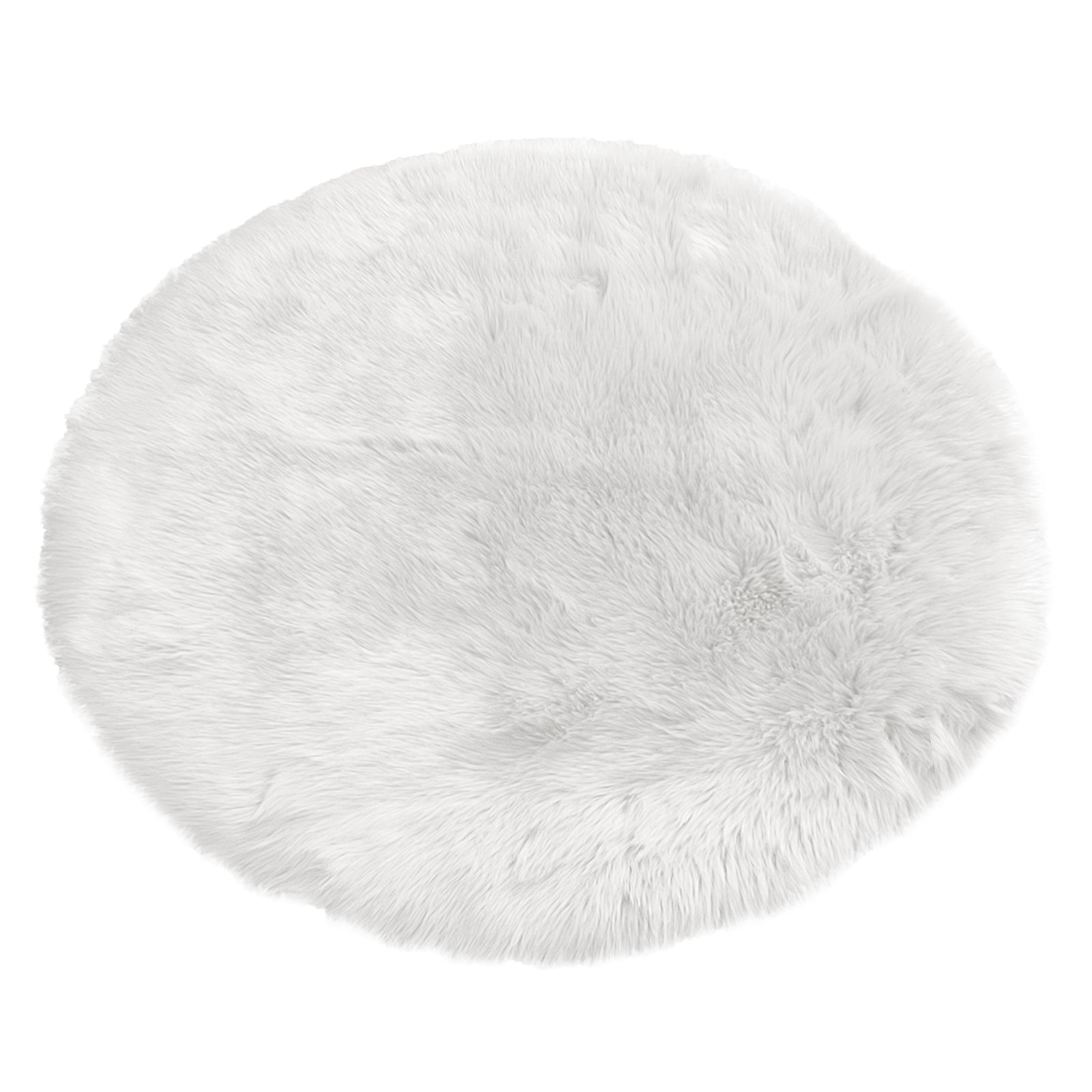 Shaddi 120cm Round Shaggy Soft Fluffy Fur Rug in White, featuring a plush, faux-fur texture with a suede backing. Ideal for adding cosy elegance to any room.