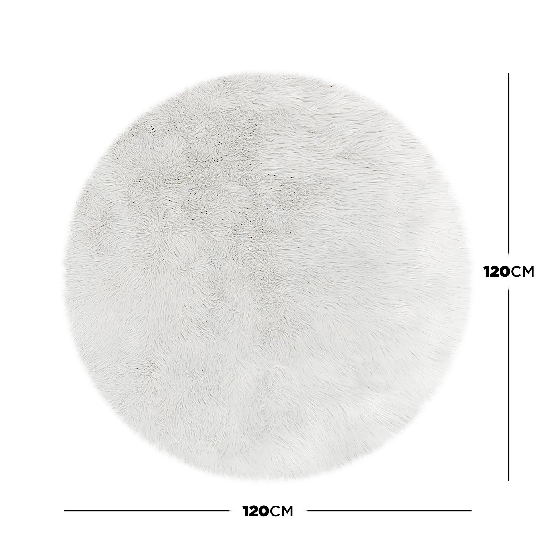 Shaddi 120cm Round Shaggy Soft Fluffy Fur Rug in White, featuring a plush faux-fur texture with a 120 cm diameter, shown with dimension lines highlighting its round shape and luxurious design.