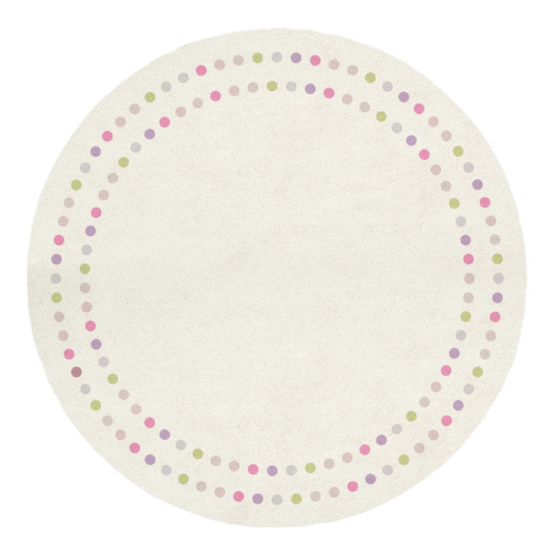 Shirin 160 Round Polka Dot Kids Indoor Rug featuring a light-cream base with two rings of pastel-colored dots around the edge, providing a playful and soft surface for children's activities.