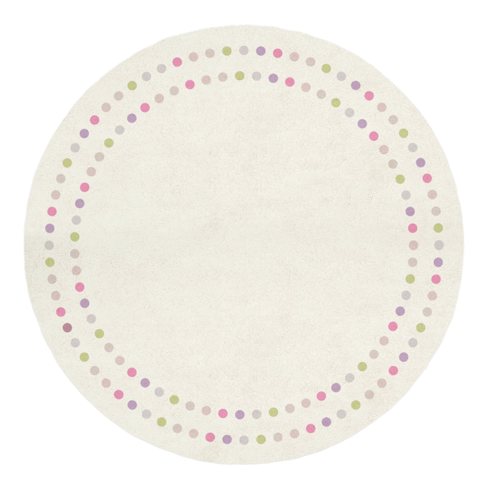 Shirin 160 Round Polka Dot Kids Indoor Rug featuring a light-cream base with two rings of pastel-colored dots around the edge, providing a playful and soft surface for children's activities.