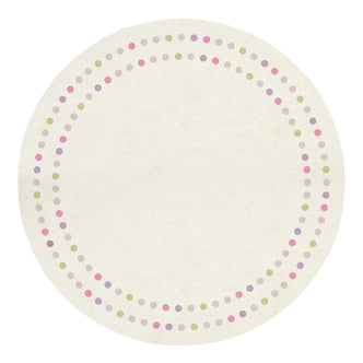 Shirin 160 Round Polka Dot Kids Indoor Rug featuring a light-cream base with two rings of pastel-colored dots around the edge, providing a playful and soft surface for children's activities.