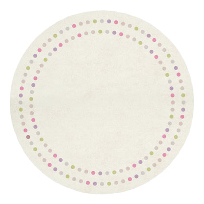 Shirin 160 Round Polka Dot Kids Indoor Rug featuring a light-cream base with two rings of pastel-colored dots around the edge, providing a playful and soft surface for children's activities.