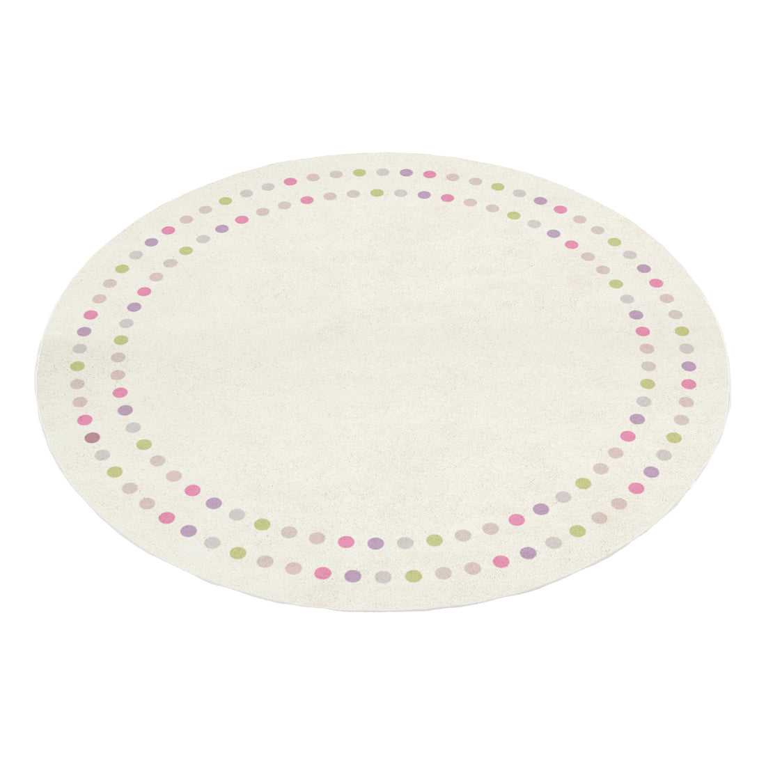 Shirin 160 Round Polka Dot Kids Indoor Rug features a cream background with pastel polka dots around the edge, adding a playful and cozy touch to children's spaces.