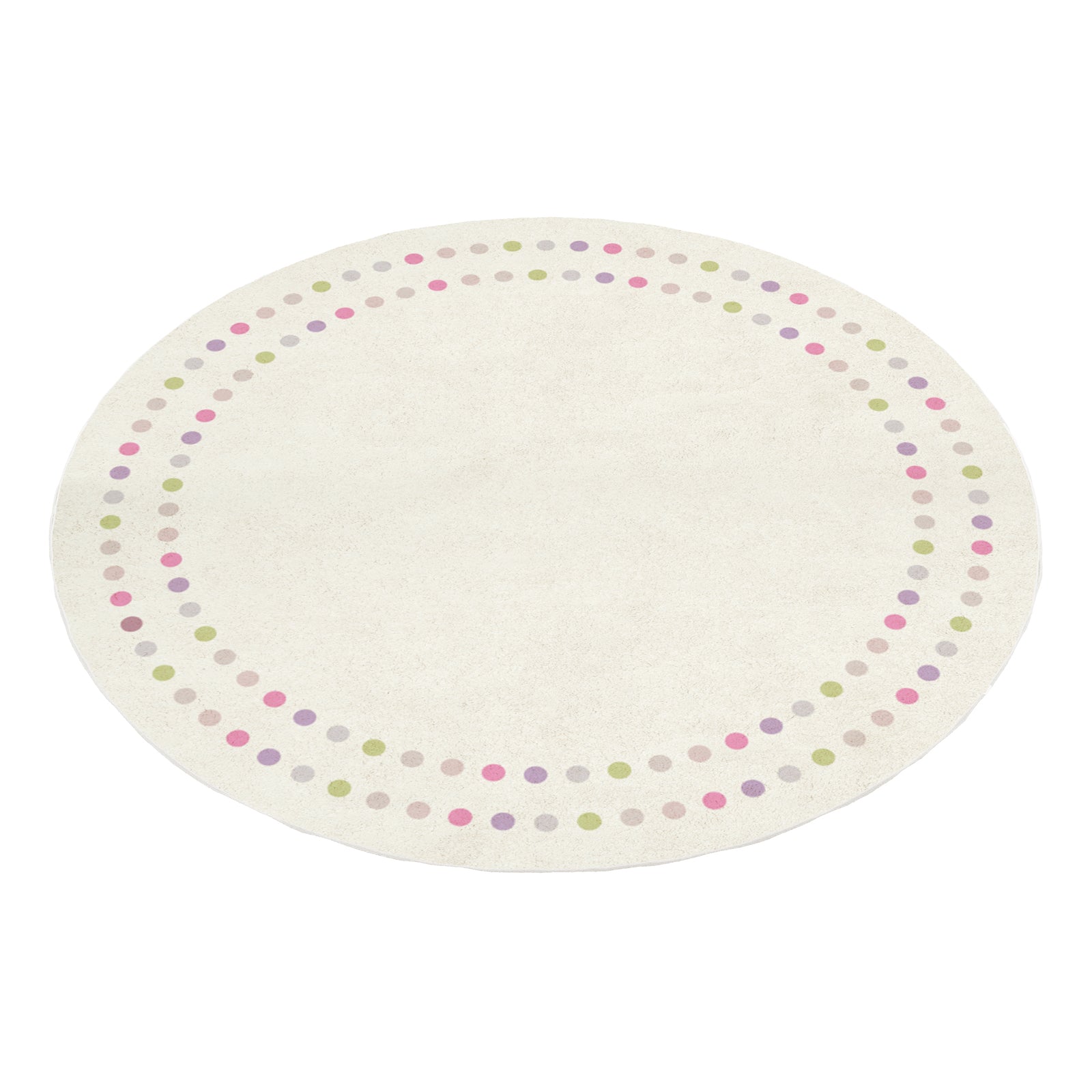Shirin 160 Round Polka Dot Kids Indoor Rug features a cream background with pastel polka dots around the edge, adding a playful and cozy touch to children's spaces.