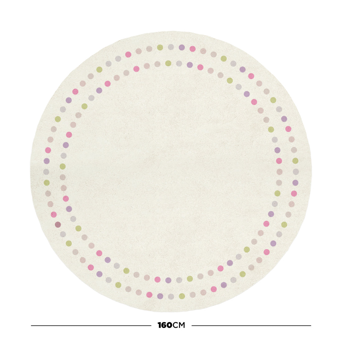 A 160cm Round Polka Dot Kids Indoor Rug features a cream background with two concentric rings of pastel dots in pink, green and lavender