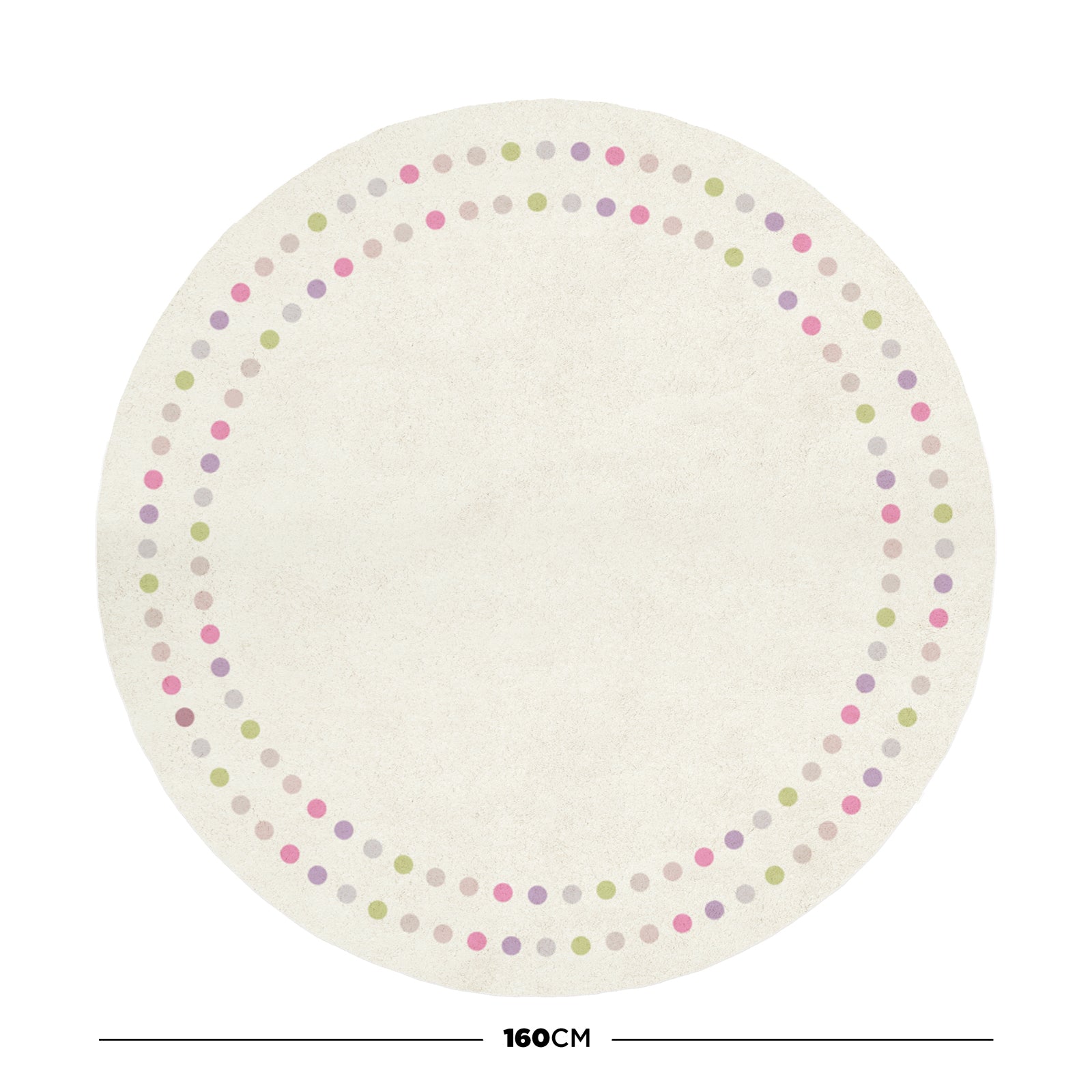 A 160cm Round Polka Dot Kids Indoor Rug features a cream background with two concentric rings of pastel dots in pink, green and lavender