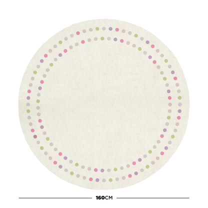 A 160cm Round Polka Dot Kids Indoor Rug features a cream background with two concentric rings of pastel dots in pink, green and lavender