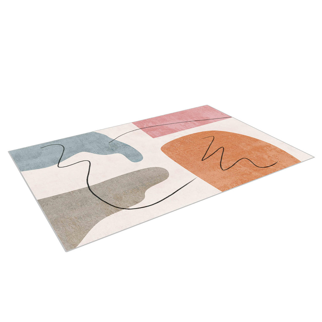 A modern kids rug featuring a cream background with abstract organic shapes in muted pink, rust, and grey, accented by fine black line art.