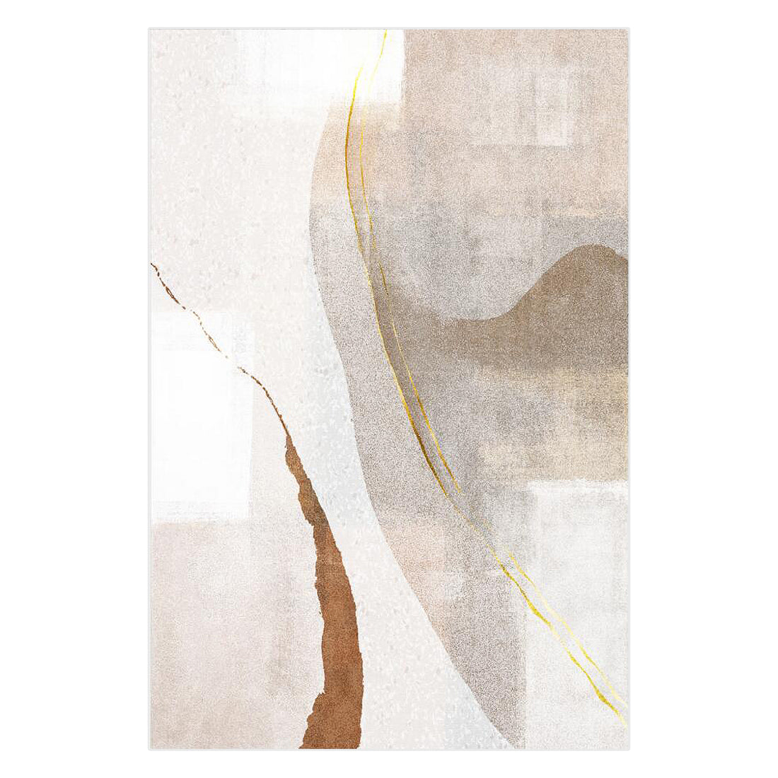 Talbyn Contemporary Abstract Floor Rug 200 x 300cm features overlapping neutral-toned shapes with golden-yellow streaks, rust-brown edge, and muted gray-beige curves, creating a minimal, modern, earthy aesthetic.
