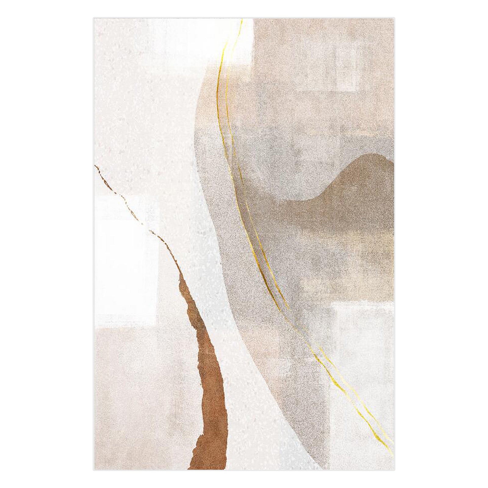 Talbyn Contemporary Abstract Floor Rug 200 x 300cm features overlapping neutral-toned shapes with golden-yellow streaks, rust-brown edge, and muted gray-beige curves, creating a minimal, modern, earthy aesthetic.