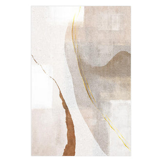 Talbyn Contemporary Abstract Floor Rug 200 x 300cm features overlapping neutral-toned shapes with golden-yellow streaks, rust-brown edge, and muted gray-beige curves, creating a minimal, modern, earthy aesthetic.