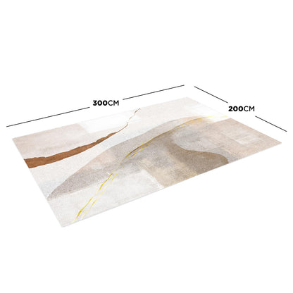 Talbyn Contemporary Abstract Floor Rug 200 x 300cm with a soft neutral palette featuring abstract painterly design, creamy whites, beiges, light browns, and a fine gold streak, enhancing contemporary interiors.