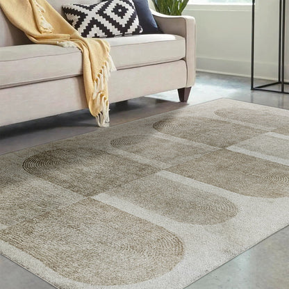 Tyche Soft Contemporary Printed Floor Rug 200 x 300cm showcased in a living room, highlighting its plush texture and intricate pattern, fitting seamlessly beneath a couch with a black and white pillow and yellow blanket.