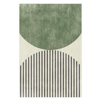 Vannebo Modern Abstract Floor Rug 200 x 300cm featuring stacked semicircles; a solid muted green top and striped black bottom, forming a contemporary geometric design on a light background.