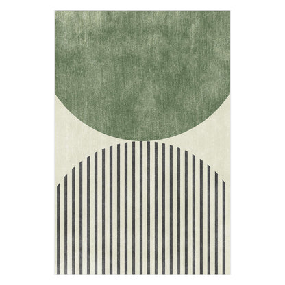 Vannebo Modern Abstract Floor Rug 200 x 300cm featuring stacked semicircles; a solid muted green top and striped black bottom, forming a contemporary geometric design on a light background.