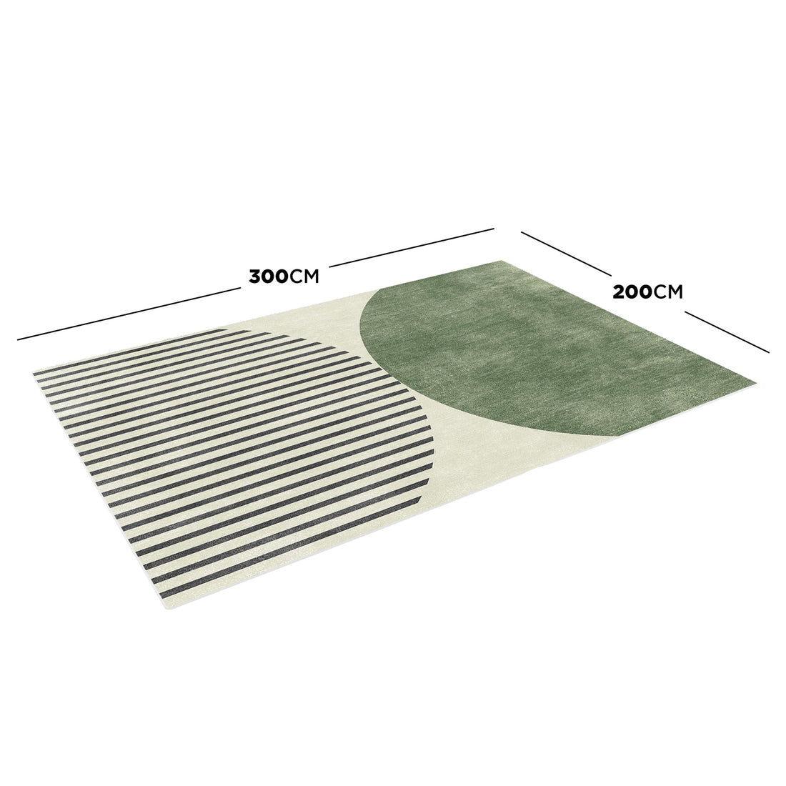 Vannebo Modern Abstract Floor Rug 200 x 300cm, showcasing a neutral background with a solid muted green semicircle on the right and dark gray horizontal striped semicircle on the left.