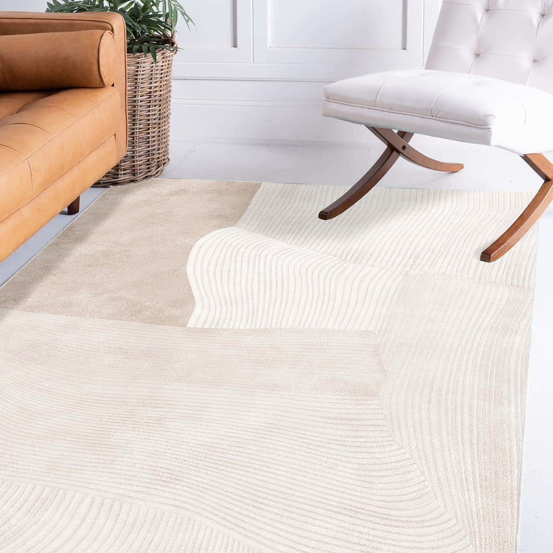 Vastra 200x300cm Modern Abstract Floor Rug with subtle wavy ribbed texture, placed in a minimalist room corner, enhancing the space with its neutral tones and understated abstract design.