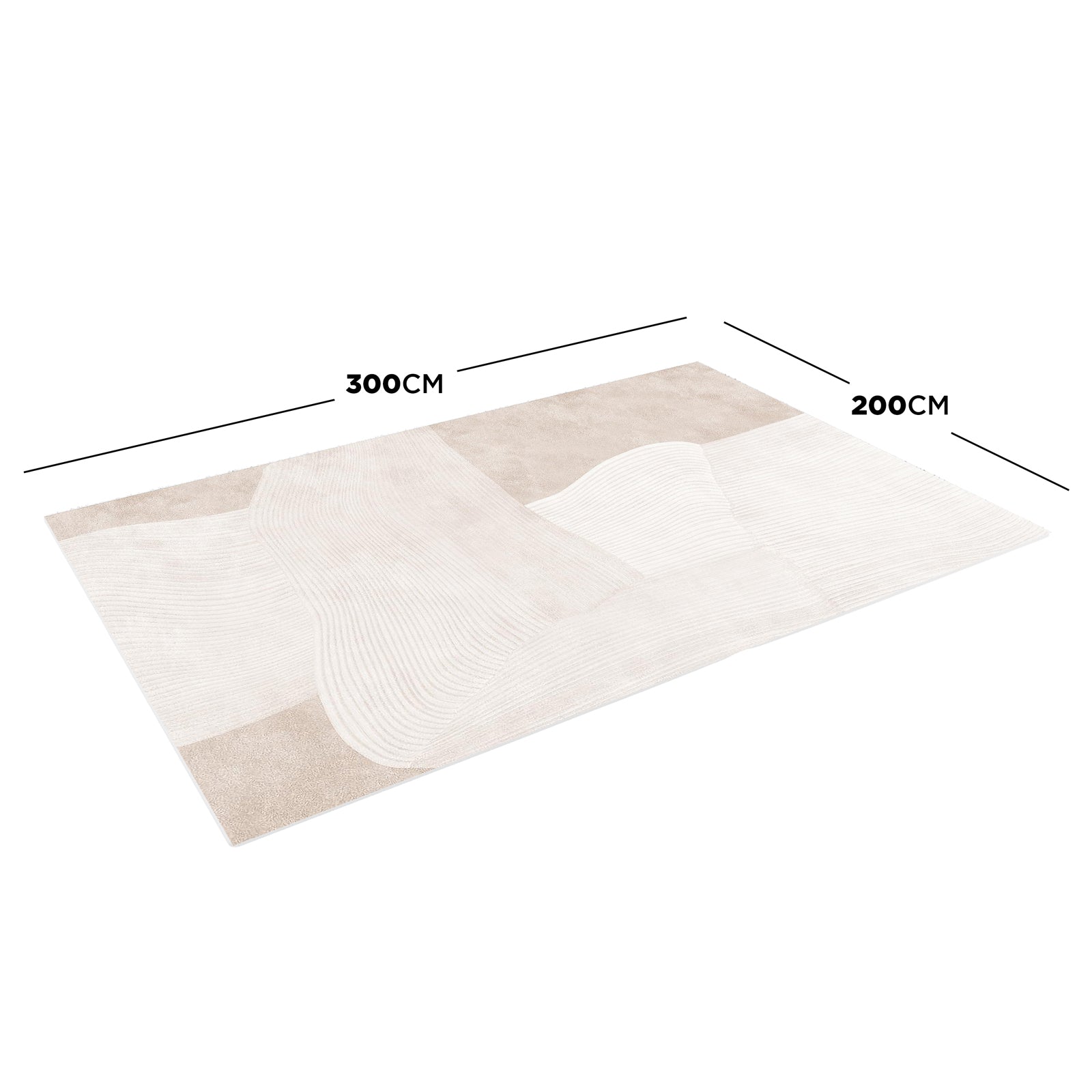 Vastra 200x300cm Modern Abstract Floor Rug with two-tone beige and off-white design, featuring gently curving ribbed texture bands and a thin profile. One corner is slightly lifted to show the underside.