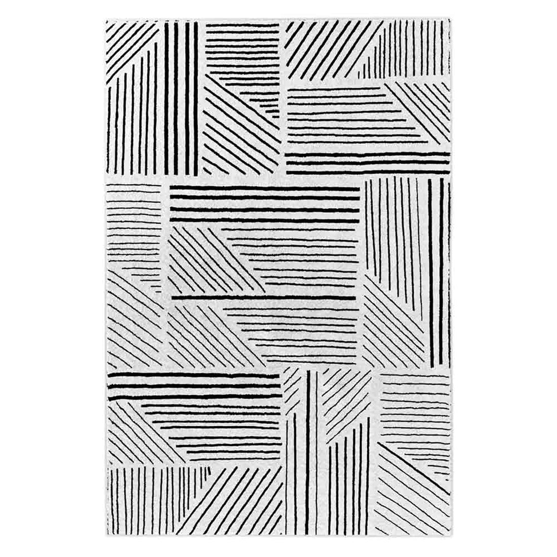 Vikki 200x300cm Large Abstract Contemporary Floor Rug with light-gray/off-white base features black geometric line patterns in rectangular and triangular formations, enhancing modern decor with its art deco design.