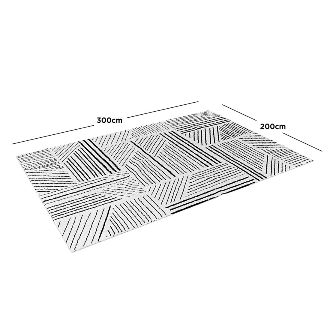 Vikki 200x300cm Large Abstract Contemporary Floor Rug features a modern black-and-white geometric stripe pattern, perfect for enhancing any living space with its crisp, contemporary style.