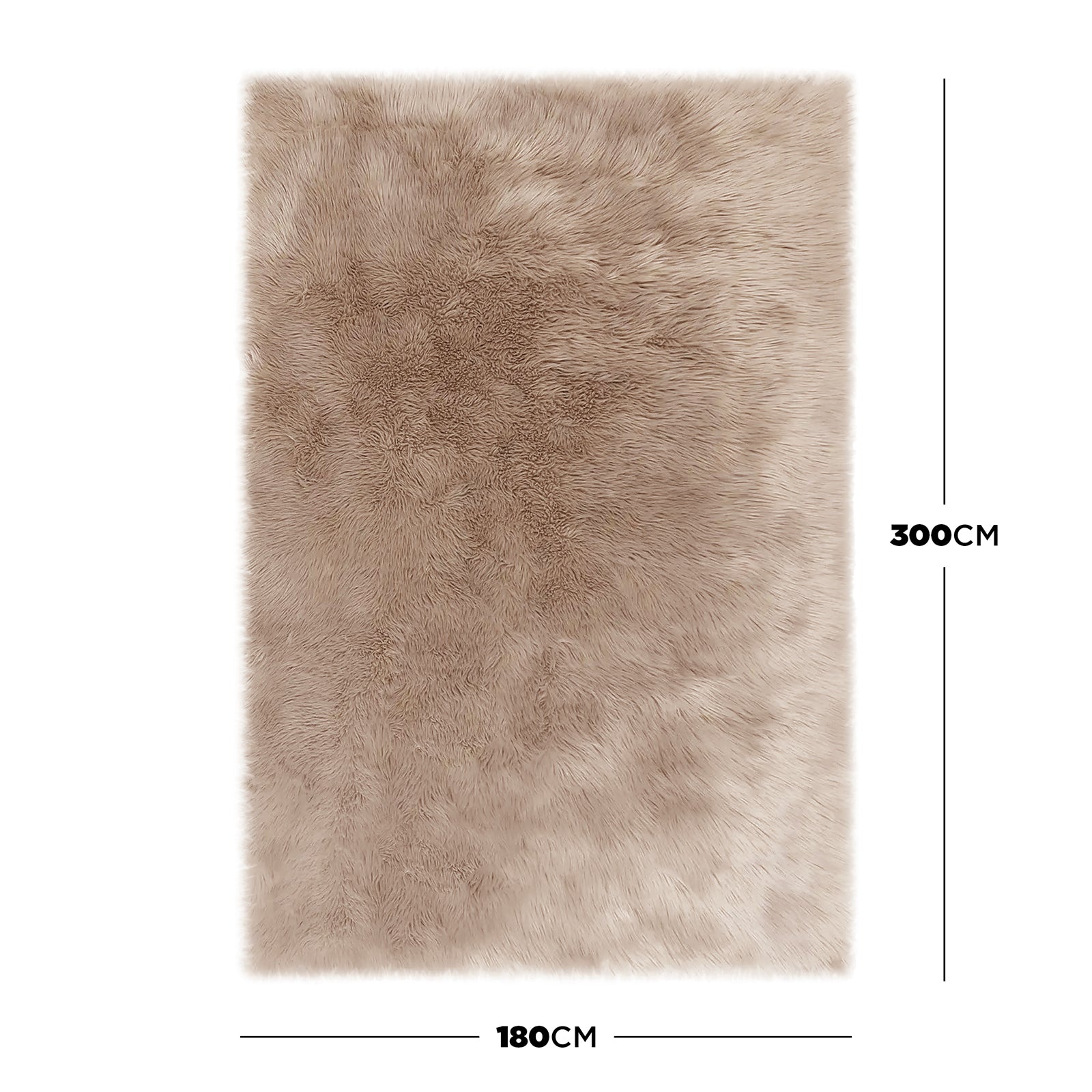 Zubuin 180x300cm Shaggy Plush Rectangular Rug in Beige, featuring a luxurious, fluffy faux-fur texture with dimension markings, promising warmth and elegance with a non-slip, durable suede-backed design.