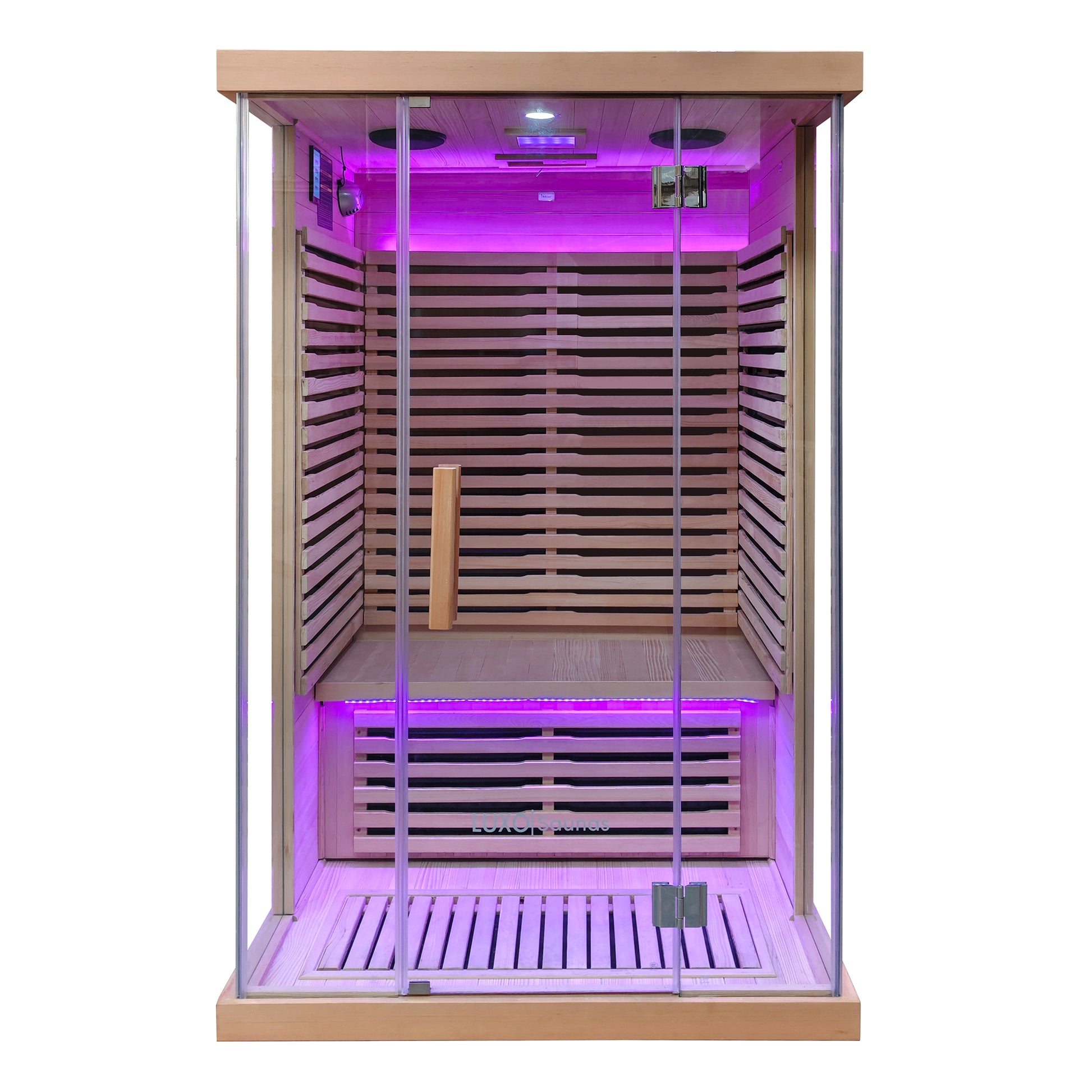 Front view of a wooden sauna with purple interior lighting on a white background.