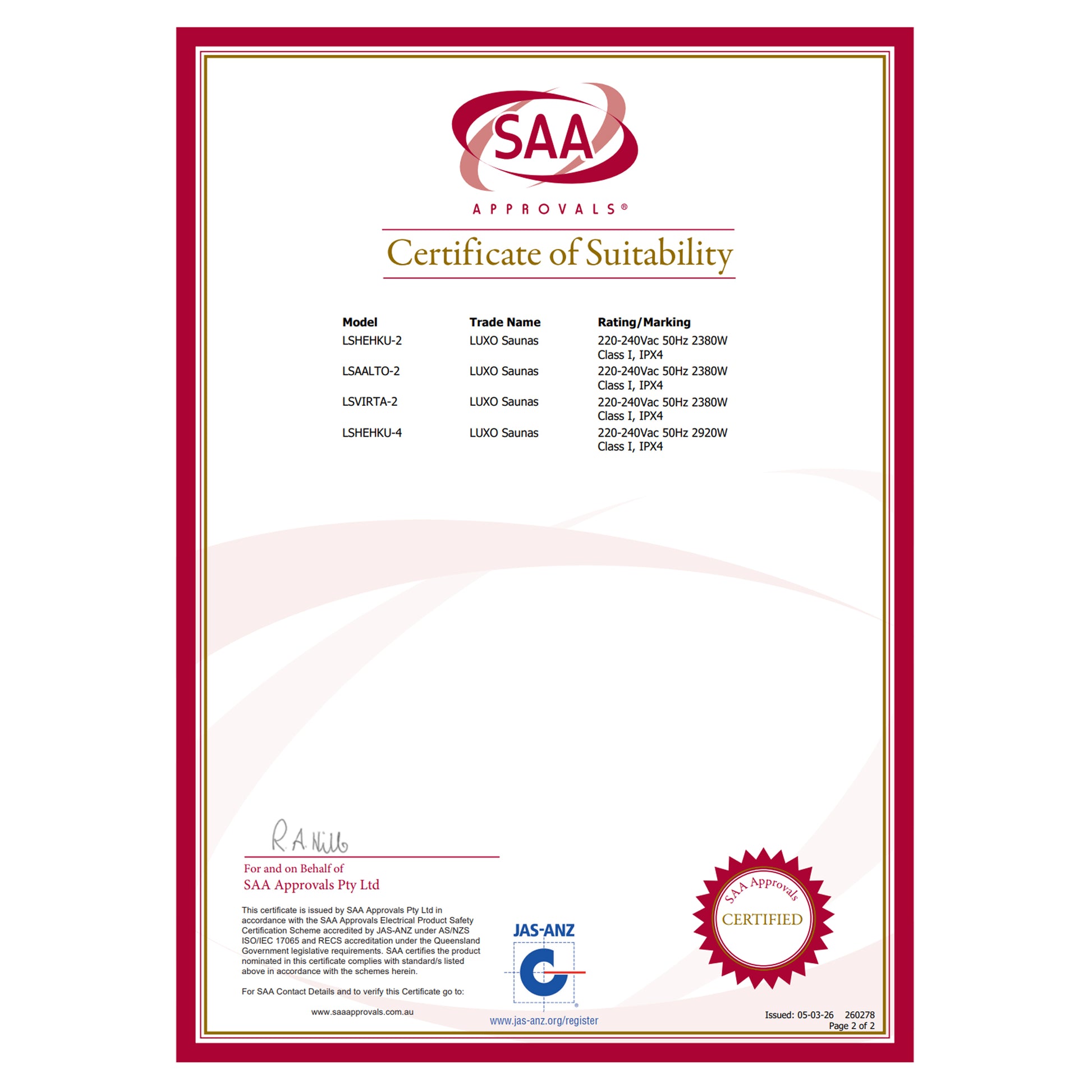 An SAA Approvals Certificate of Suitability for LUXO Saunas models LSHEHKU-2, LSAALTO-2, LSVIRTA-2, and LSHEHKU-4, dated 05-03-26.