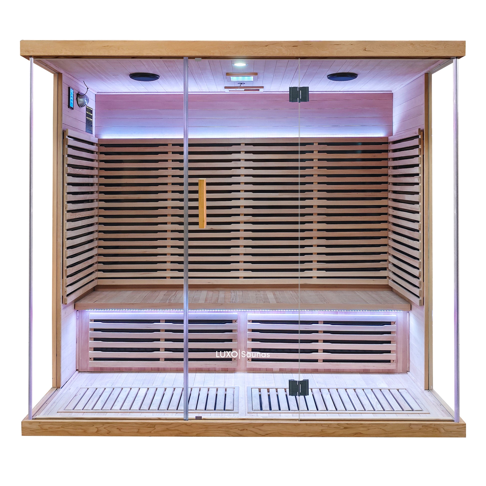 Full modern sauna cabin on a white background