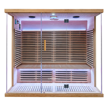 Full modern sauna cabin on a white background