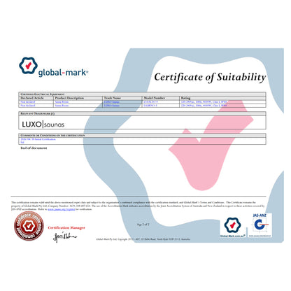 A Global-Mark Certificate of Suitability for LUXO Saunas, detailing the certification of Sauna Room models LSAALTO-4 and LSLIRNO-5.