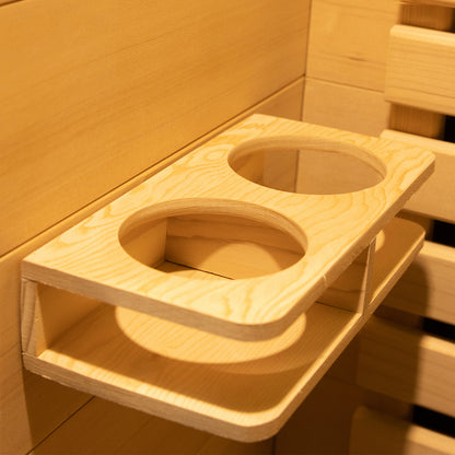 Close up of 2 Slot Cup Holders of Harlow 3 Person Canadian Hemlock Infrared Home Sauna