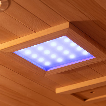 Close Up of 7-colour chromotherapy lighting in Harlow 3 Person Canadian Hemlock Infrared Home Sauna