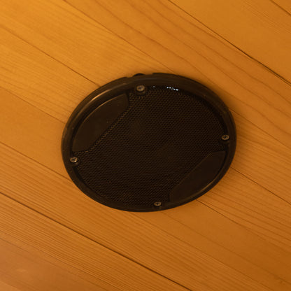 Built-in Bluetooth speakers inside Harlow 3 Person Canadian Hemlock Infrared Home Sauna for a personalized entertainment experience