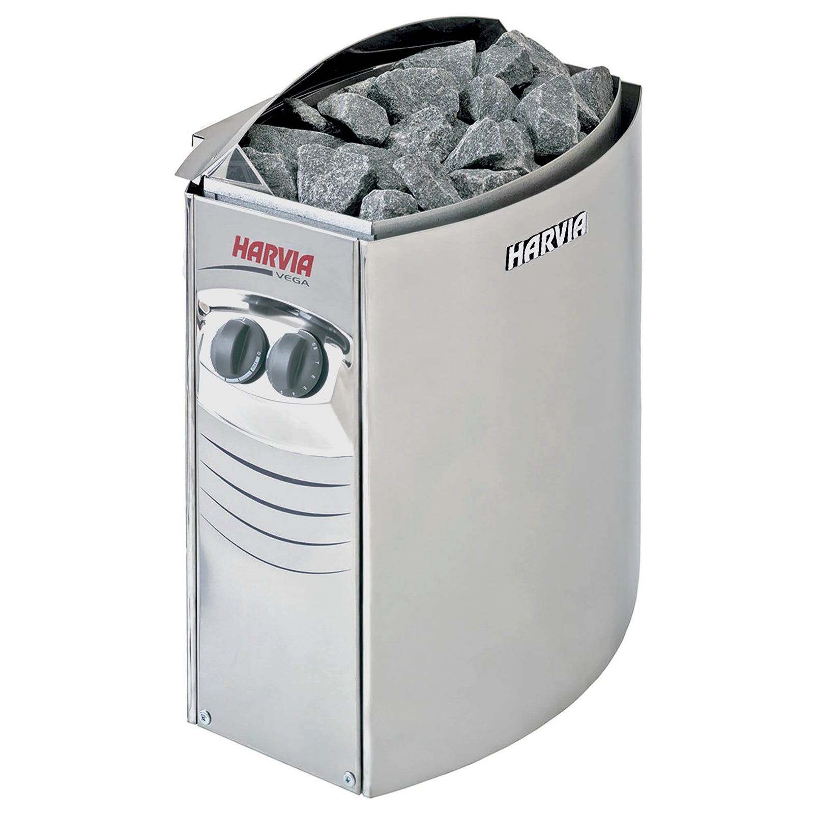 Left angle view of the 6kW Harvia Stove Heater for Luola 2-Person Sauna, highlighting its sleek black knobs and branded logo, emphasizing its suitability for enhancing sauna experiences.