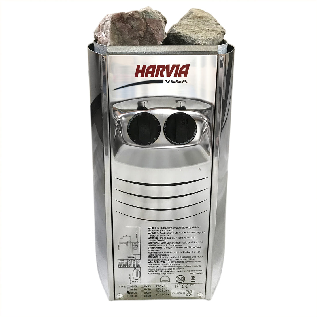 Front View of the 6kW Harvia Stove Heater for Luola 2-Person Sauna, showcasing its robust, compact build designed for efficient heating in outdoor barrel saunas.