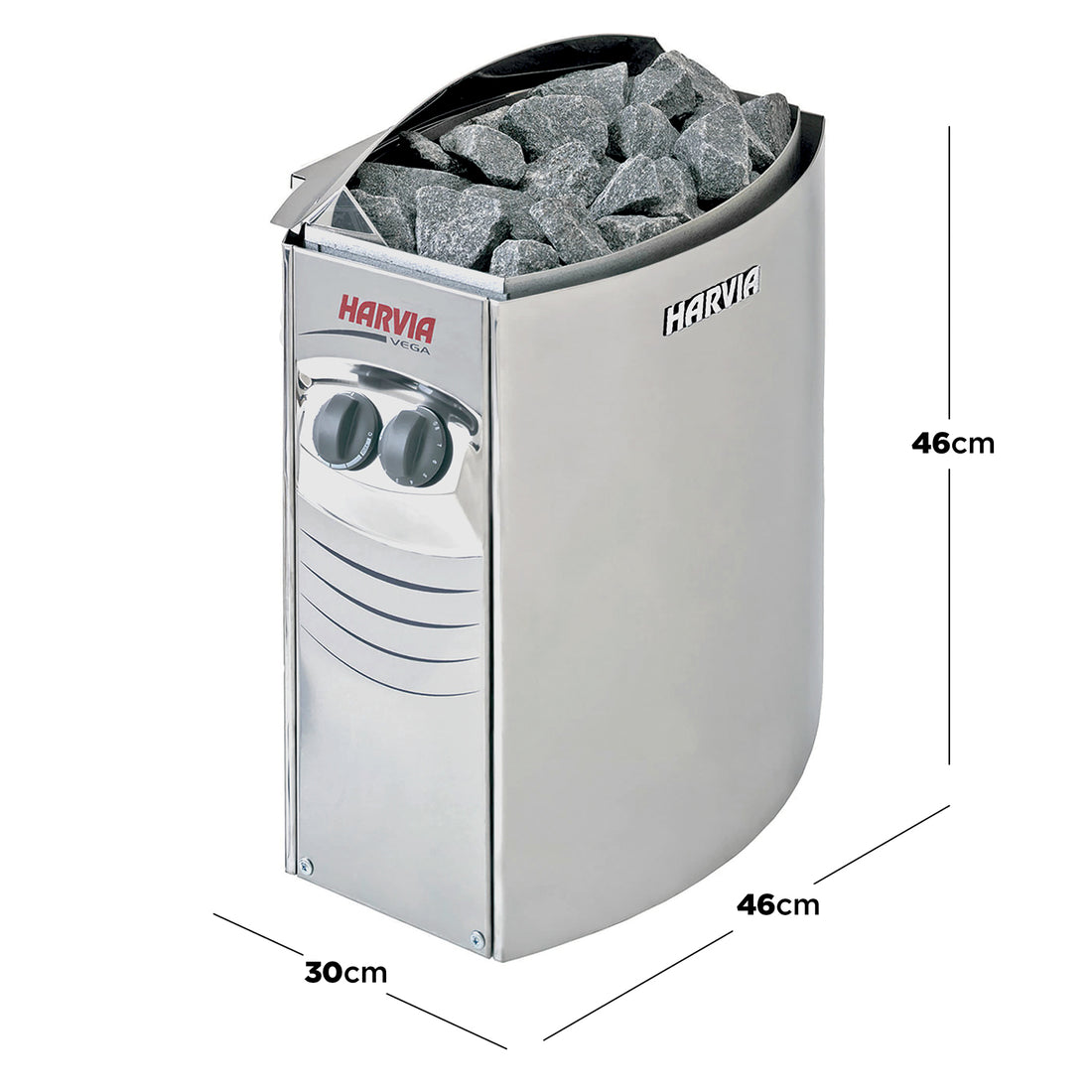 Dimensions of the 6kW Harvia Stove Heater for Luola 2-Person Sauna, highlighting the sleek design with focus on the control knob and logo, emphasizing its suitability for outdoor sauna use.