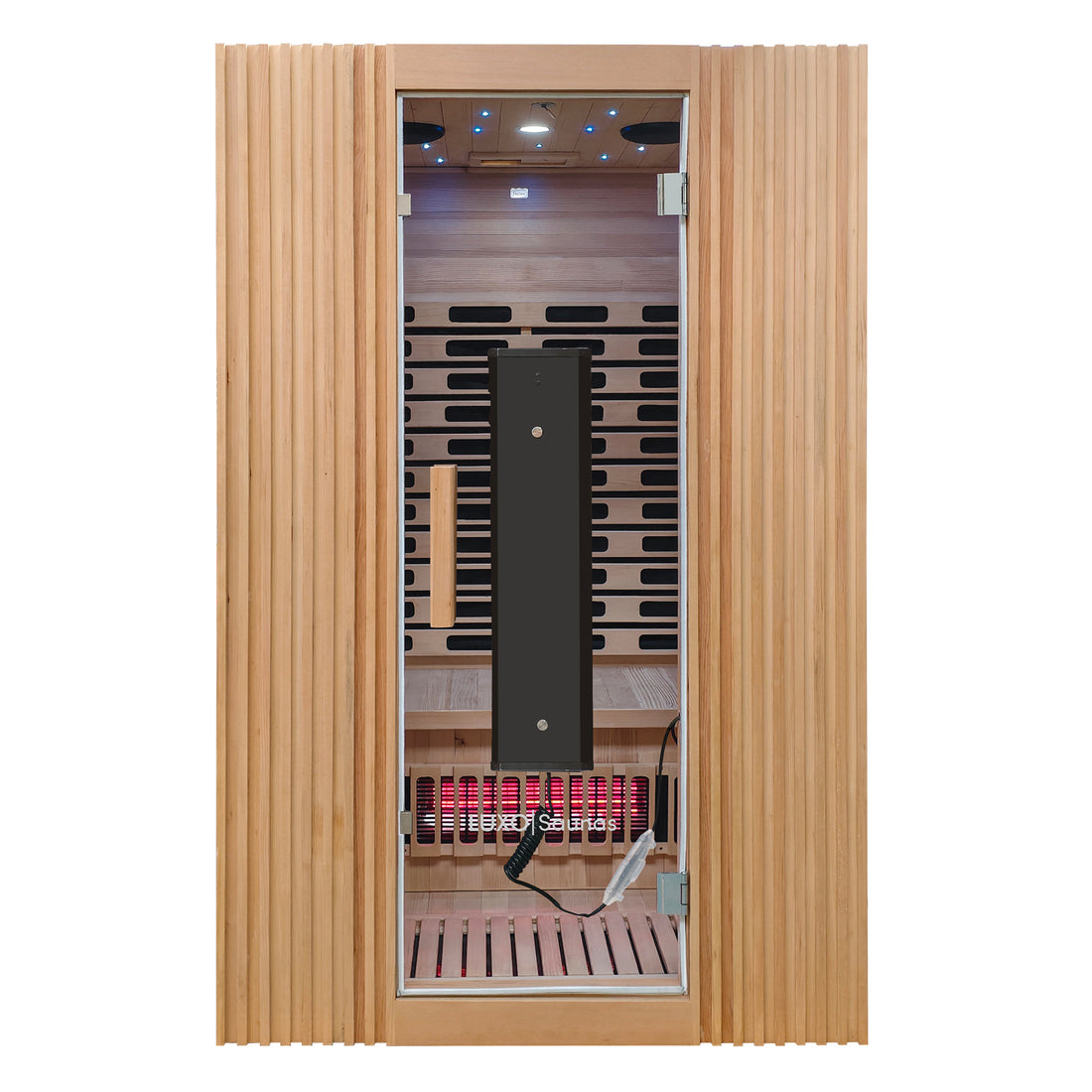 Modern infrared sauna booth on a white background with glass door and interior visible.