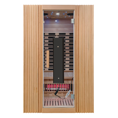 Modern infrared sauna booth on a white background with glass door and interior visible.