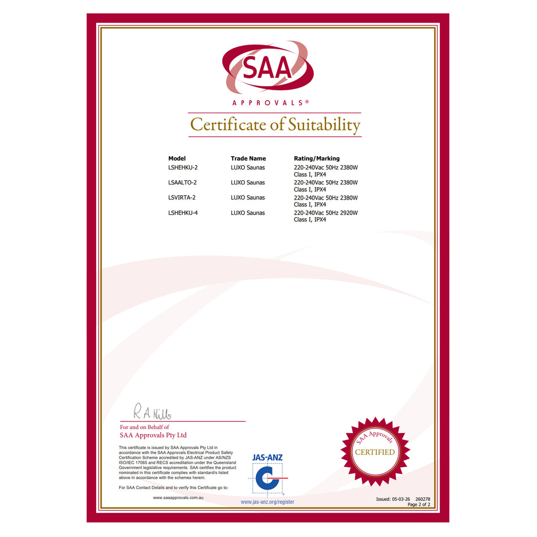 An SAA Approvals Certificate of Suitability for LUXO Saunas models LSHEHKU-2, LSAALTO-2, LSVIRTA-2, and LSHEHKU-4, dated 05-03-26.
