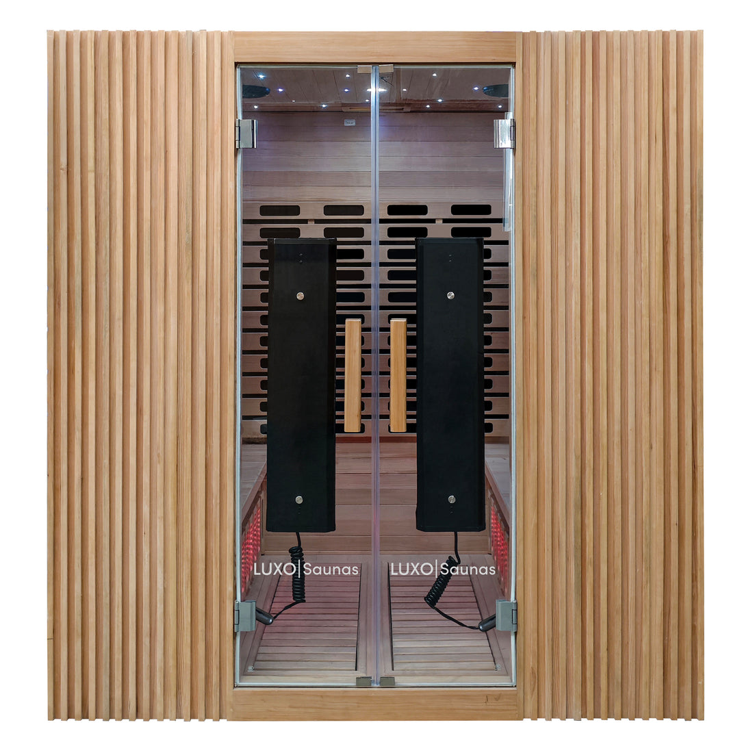 Modern wooden infrared sauna cabin on a white background