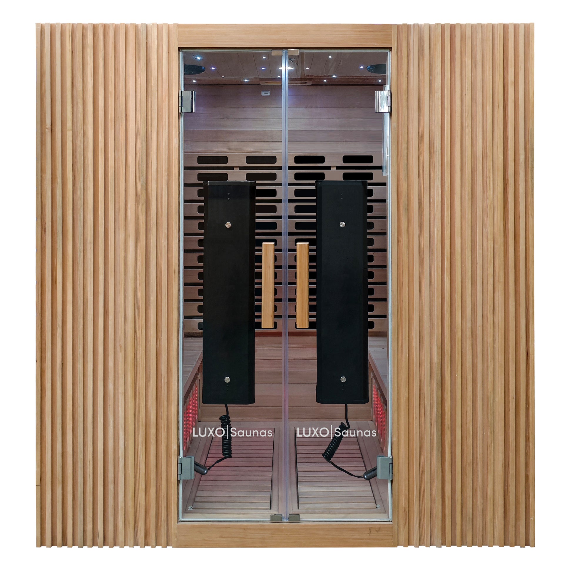 Modern wooden infrared sauna cabin on a white background