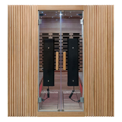 Modern wooden infrared sauna cabin on a white background