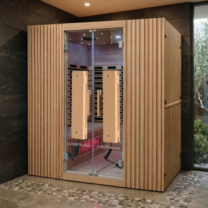 Hehku 4 Person Ultra Low EMF Full Spectrum Infrared Sauna styled in a room setting