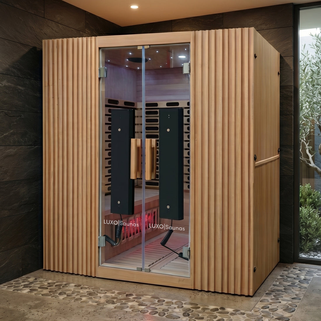 Wooden infrared sauna cabin installed in a modern spa-like room
