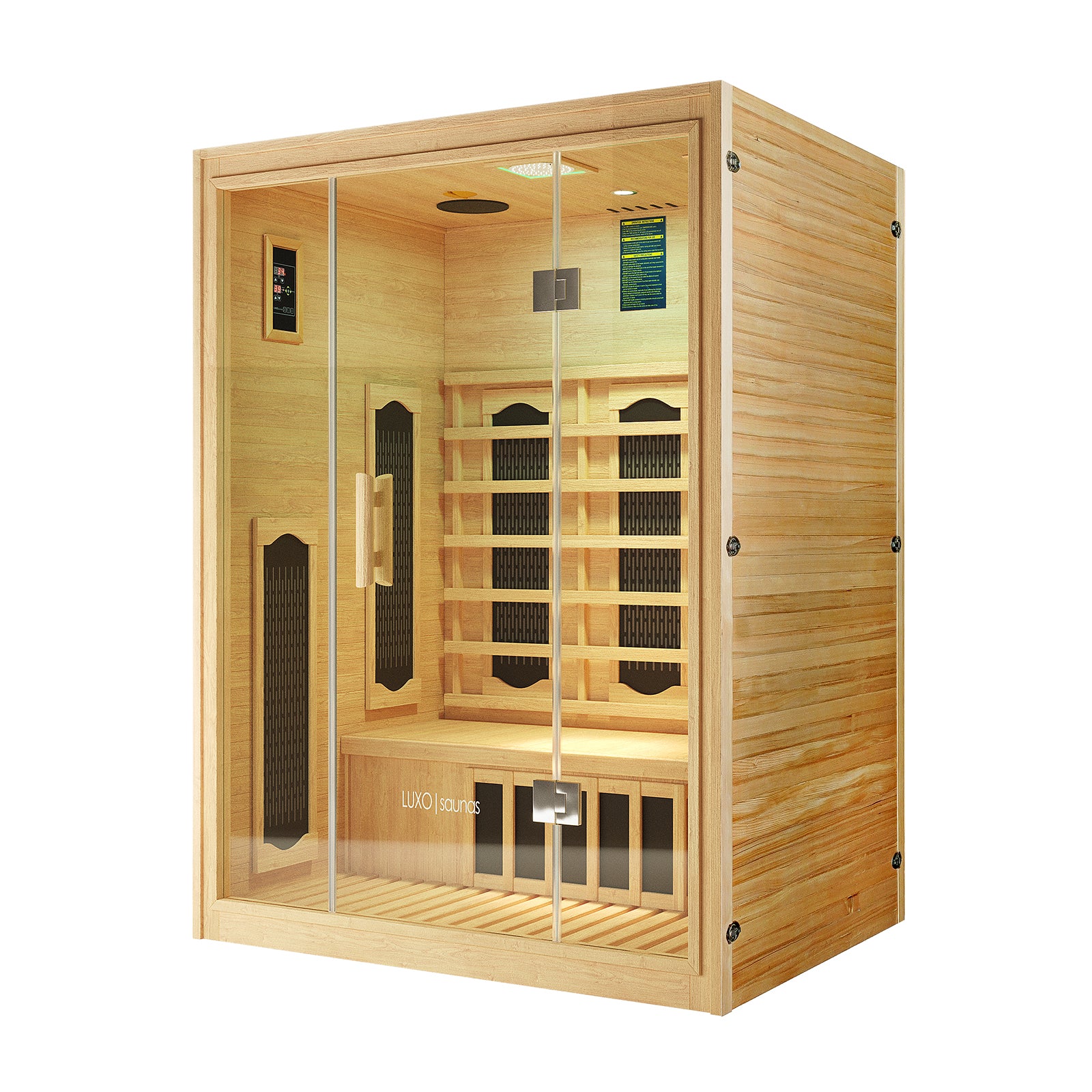 Helle 2 Person Hybrid Infrared Indoor Home Sauna featuring natural wood panels, glass door, built-in bench, dark infrared-heating panels, digital control panel, and interior light for luxurious indoor relaxation.
