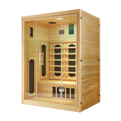 Helle 2 Person Hybrid Infrared Indoor Home Sauna featuring natural wood panels, glass door, built-in bench, dark infrared-heating panels, digital control panel, and interior light for luxurious indoor relaxation.