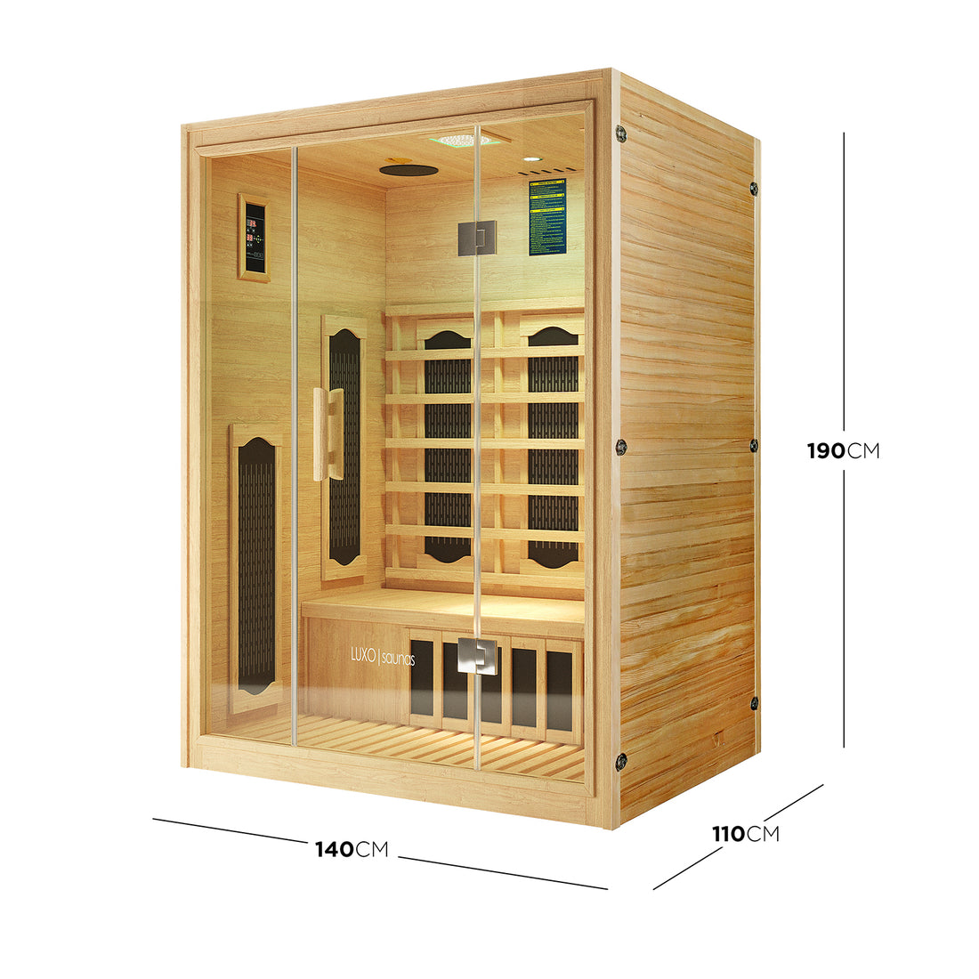 Helle 2 Person Hybrid Infrared Indoor Home Sauna with light wood, glass front, bench seating, black infrared panels, LED light, control panel, and speakers, offering luxurious heat therapy for two.